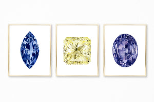 Watercolor Gemstone Paintings - Set of 3 - Sapphire Amethyst Yellow Diamond