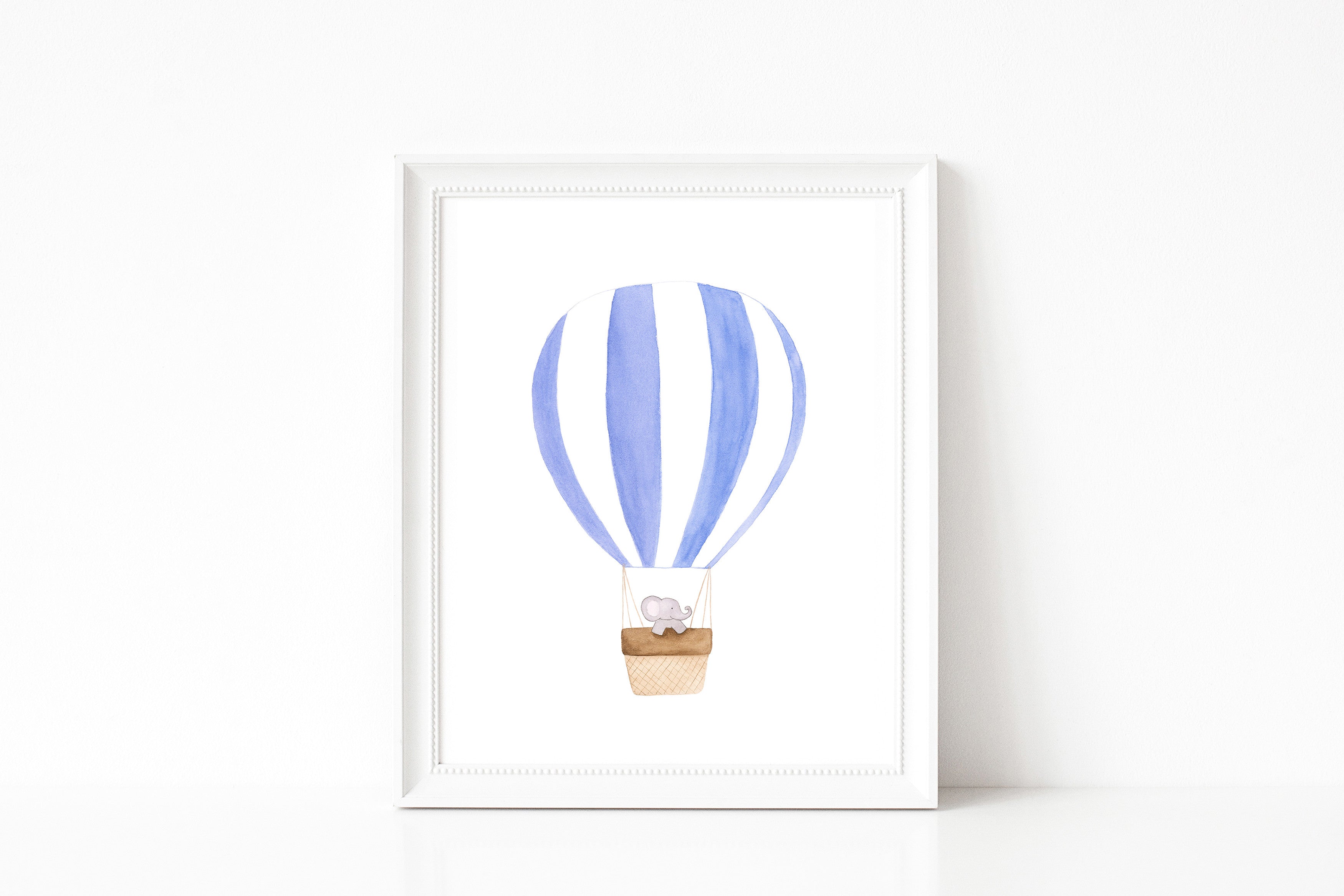 Nursery Watercolor Painting Baby Elephant Traveling in Hot Air Balloon - Art Print