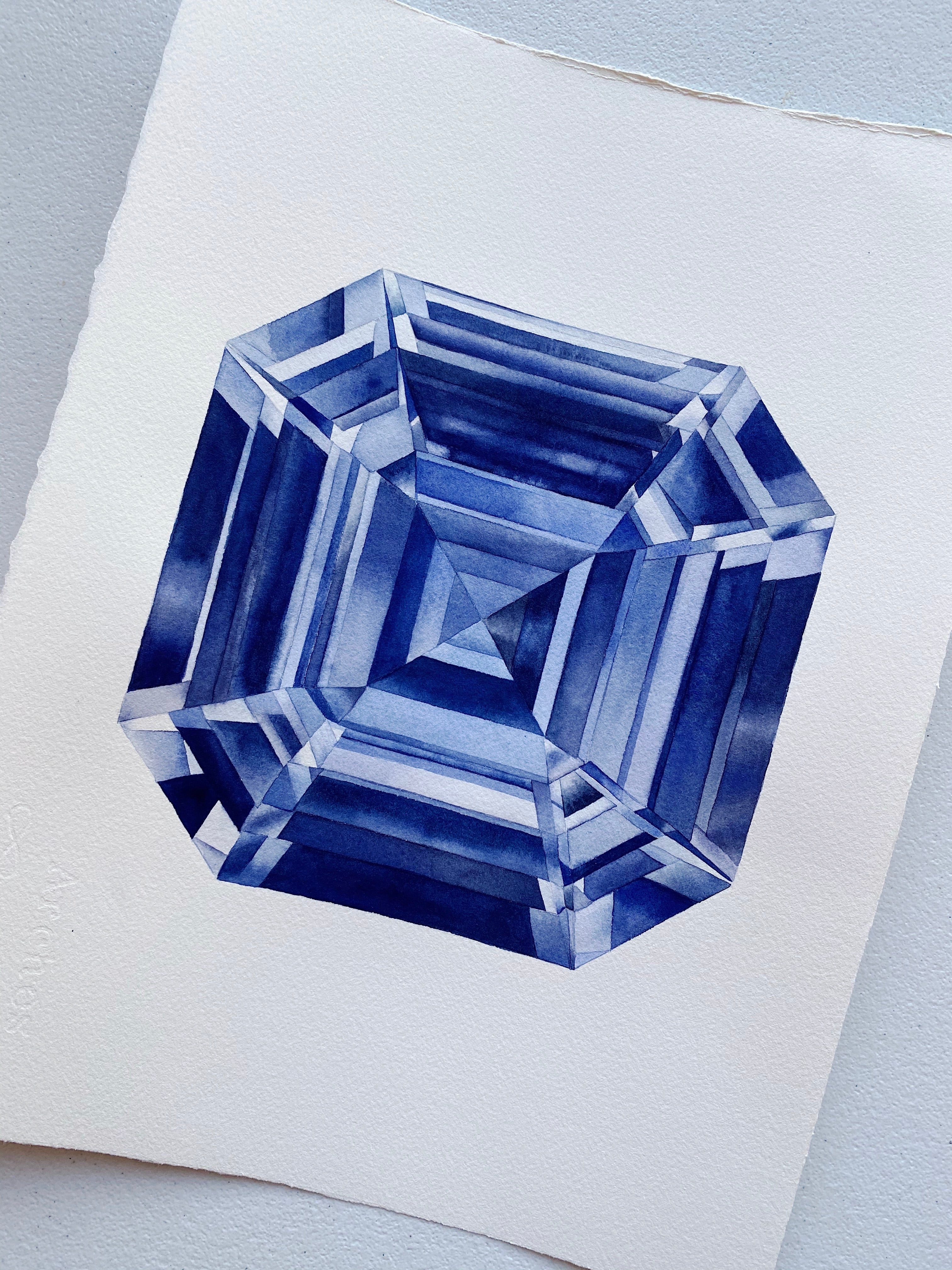 Original Painting - Watercolor Asscher Cut Sapphire Painting 11x15 inches