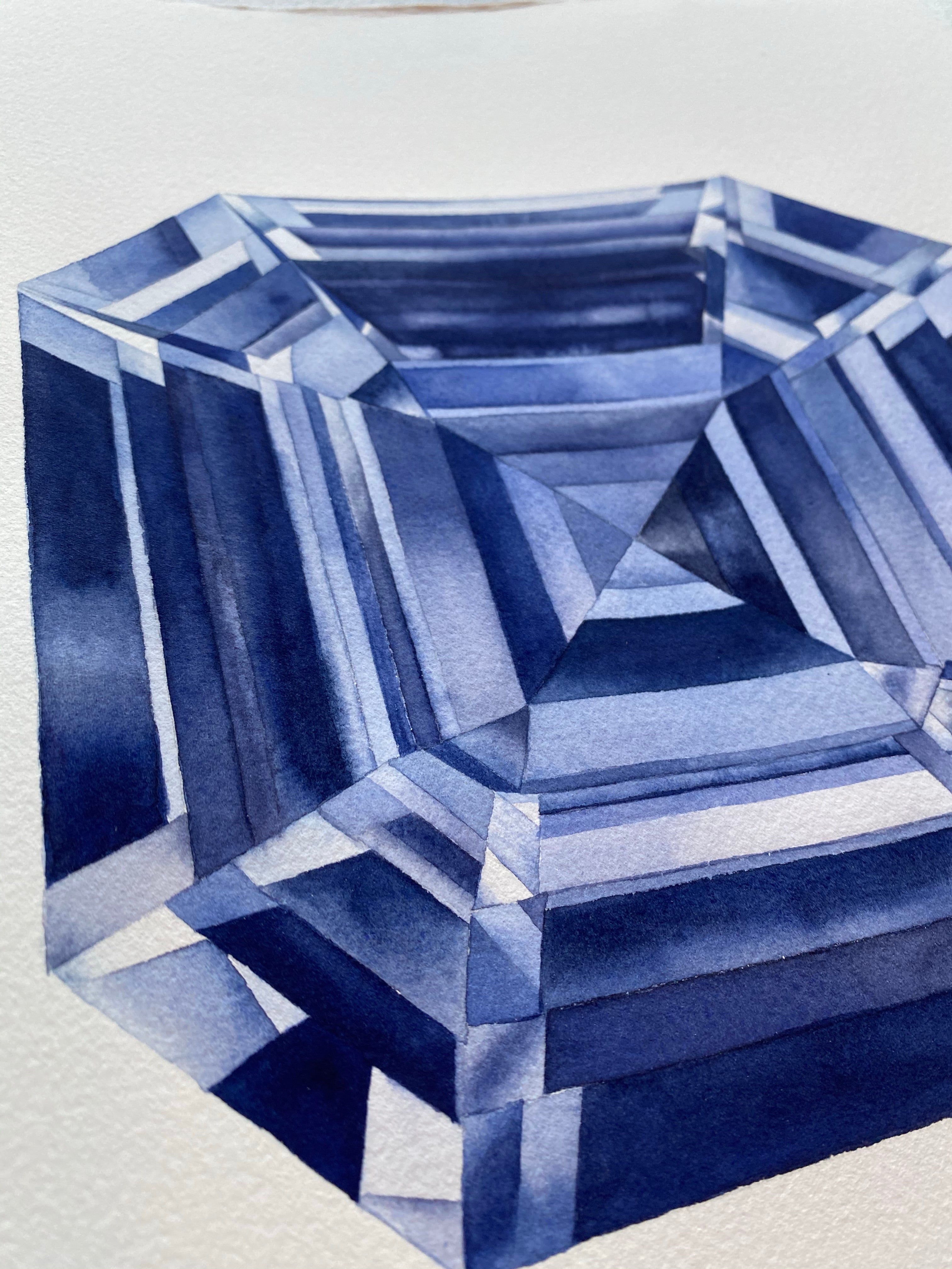 Original Painting - Watercolor Asscher Cut Sapphire Painting 11x15 inches